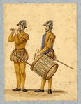 32627 Afbeelding van een kostuumontwerp van twee leden van de Utrechtse Schutterij: een soldaat met een fluit (pijper) ...